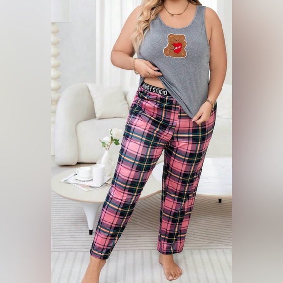 Plus Size Women's Bear Embroidery Plaid Pajama Set - Picture 1 of 1